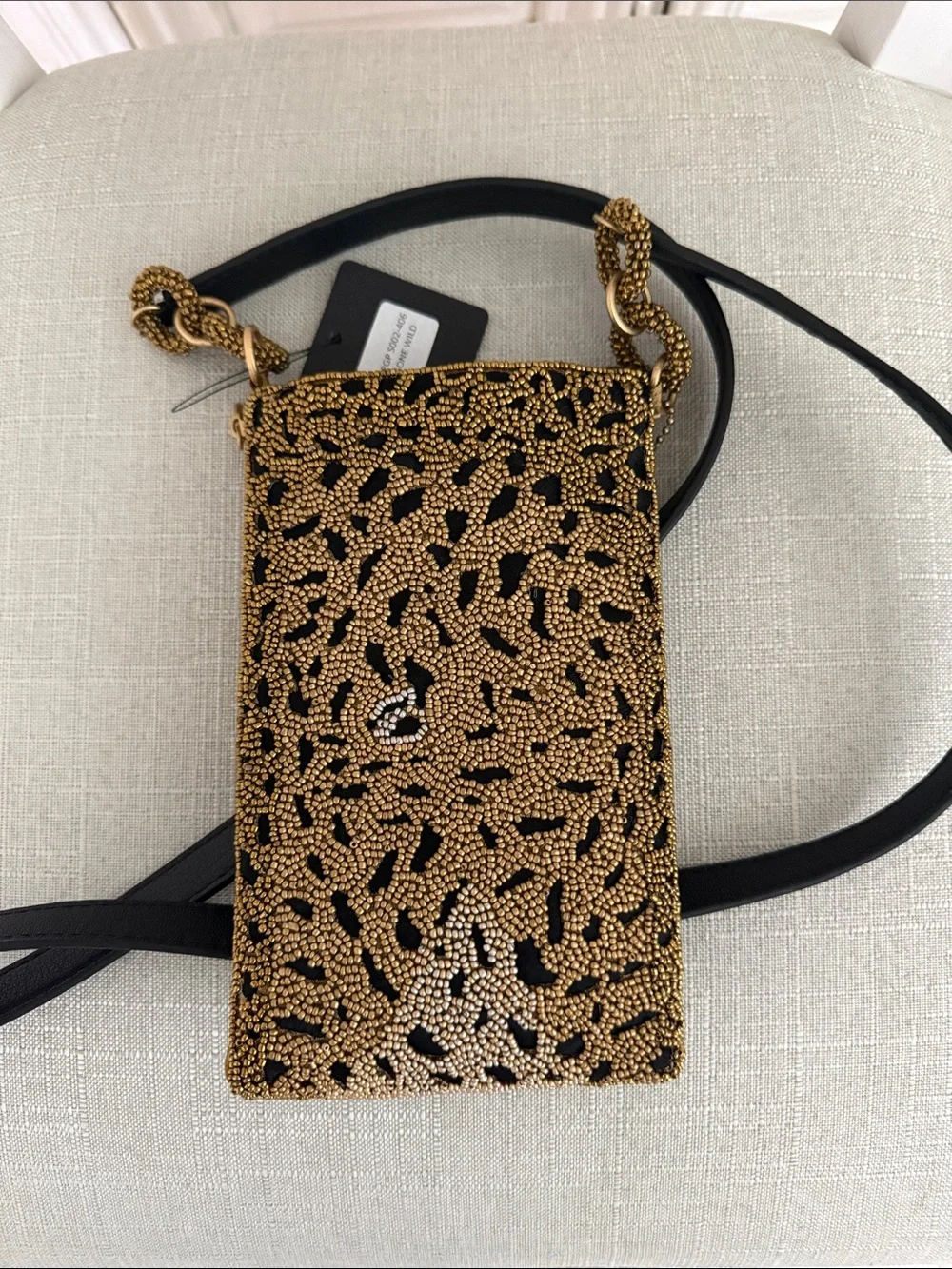 Mary Frances Black & Gold Leopard Beaded Crossbody Phone Bag